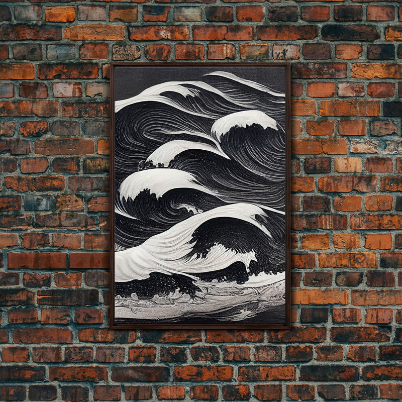 Black and White Tidal Waves, Japanese Style Art, Framed Canvas Print, Ready To Hang Framed Wall Art, Living Room Wall Decor