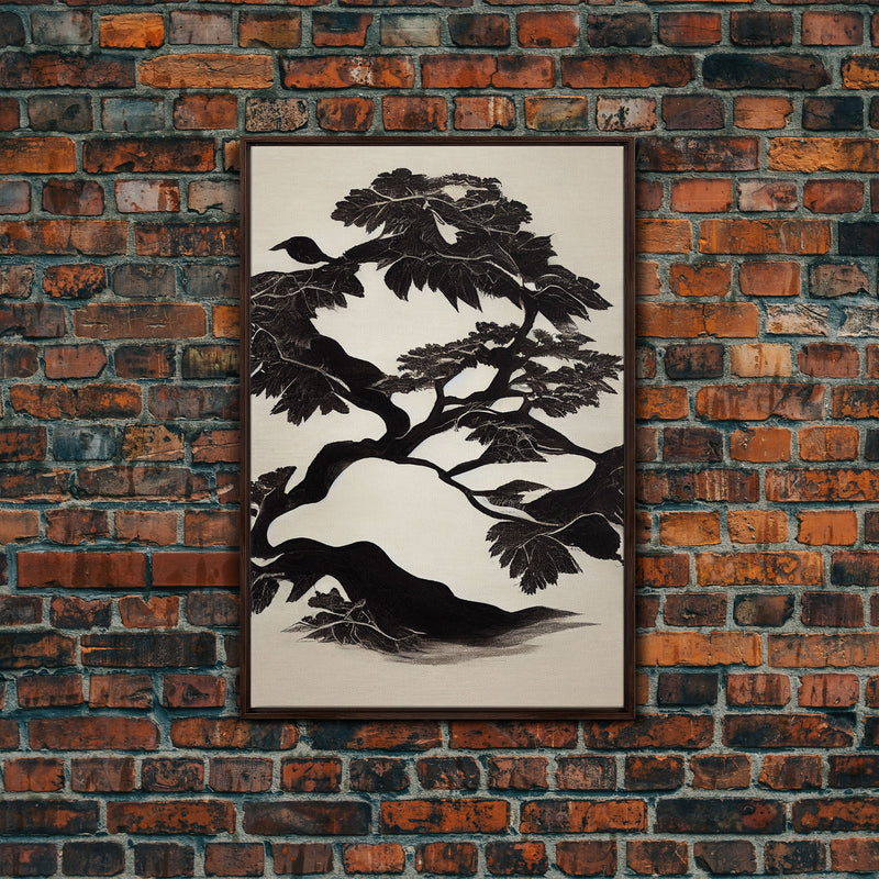 Black and White Bonsai Tree, Framed Canvas Print, Ready To Hang Framed Wall Art, Living Room Wall Hanging