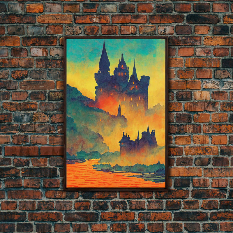 Watercolor Painting of A Transylvania Castle, Framed Canvas Print, Ready To Hang Framed Wall Art, Living Room Wall Hanging