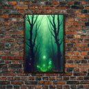 Emerald green city streets under a full moon, cool spooky art, framed canvas print