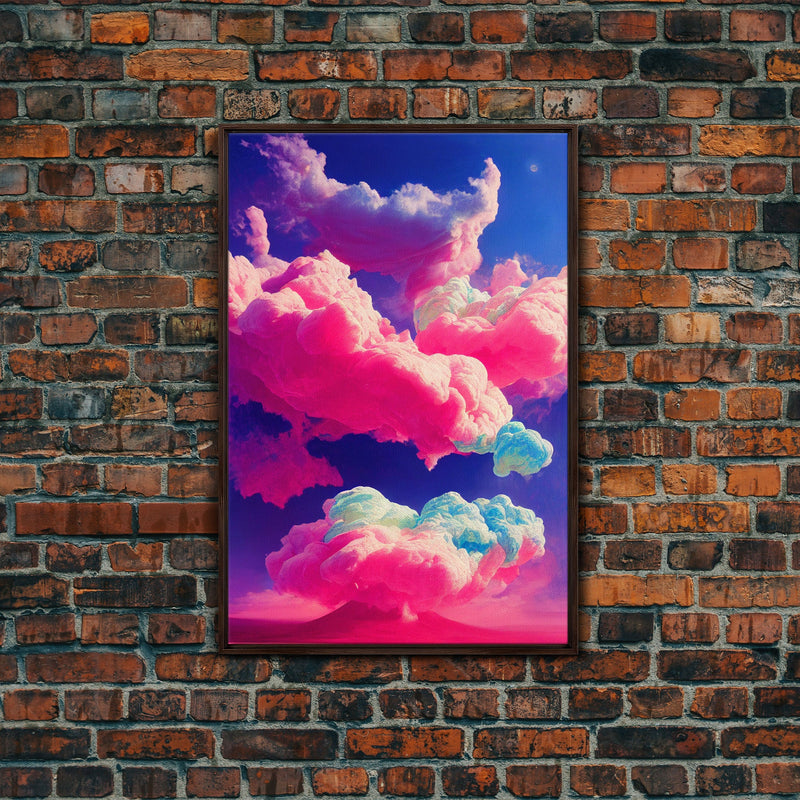 Bubble Gum Clouds, Trippy Psychedelic Surrealist Cloud Art, Framed Canvas Print, Ready To Hang Framed Wall Art