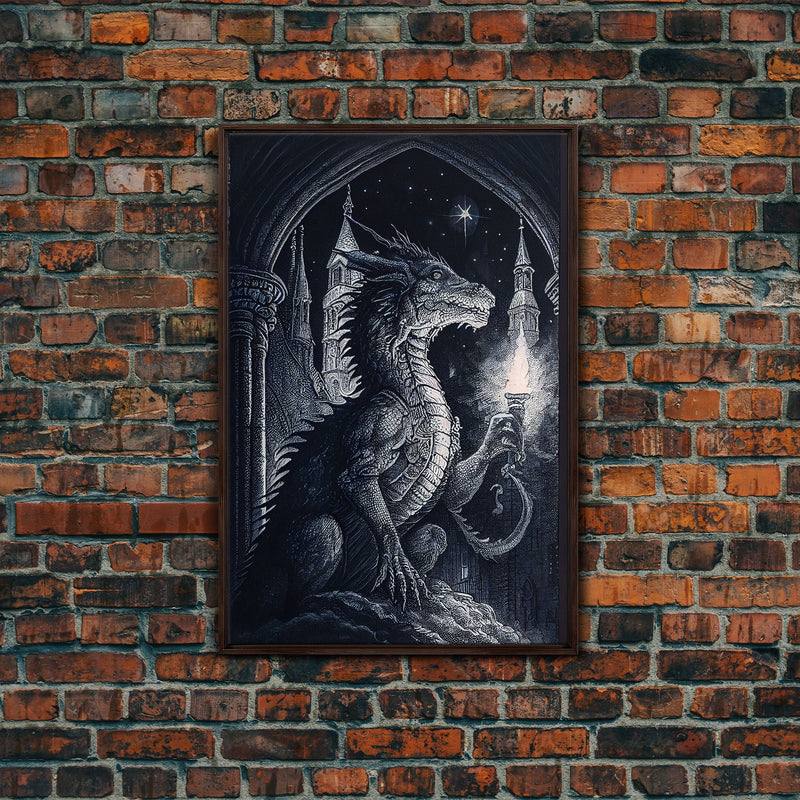 Black and white fantasy dragon, framed canvas print