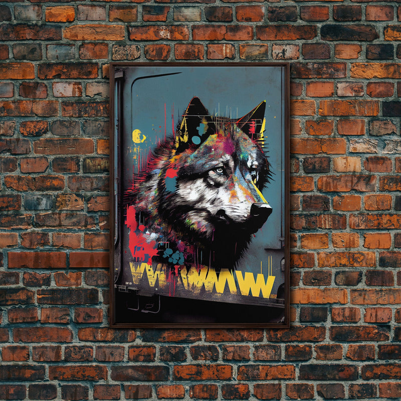 Wolf graffiti on a subway train car, framed canvas print, framed wall art