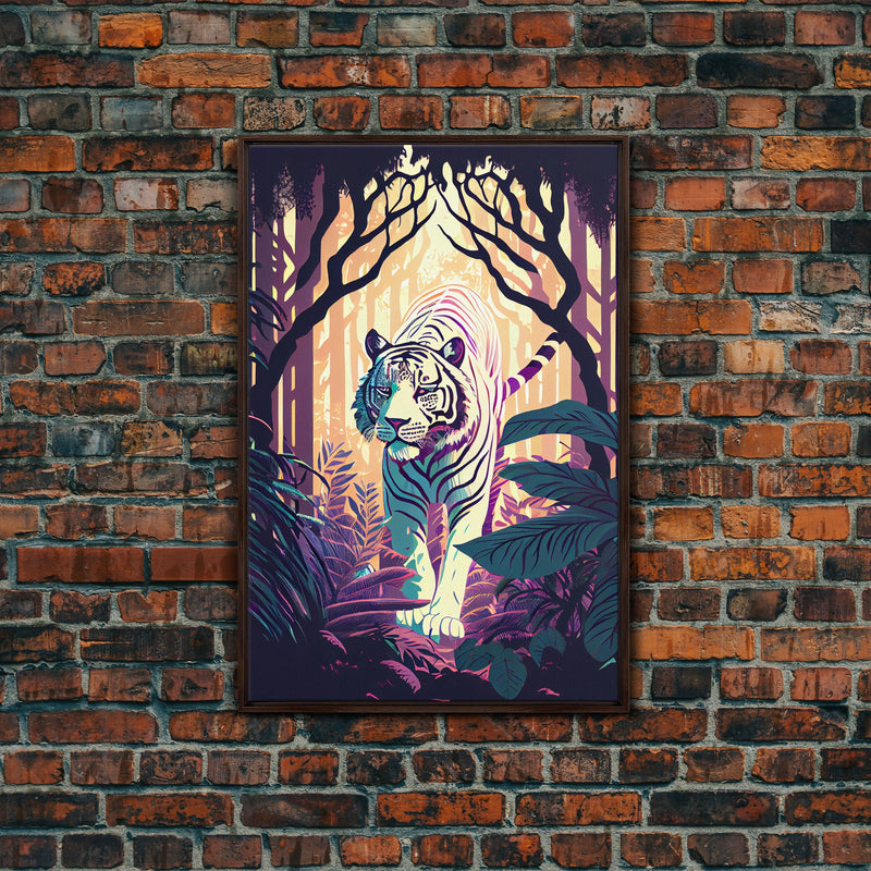 White tiger in the jungle, retro wave art, framed canvas print, albino tiger, rare art