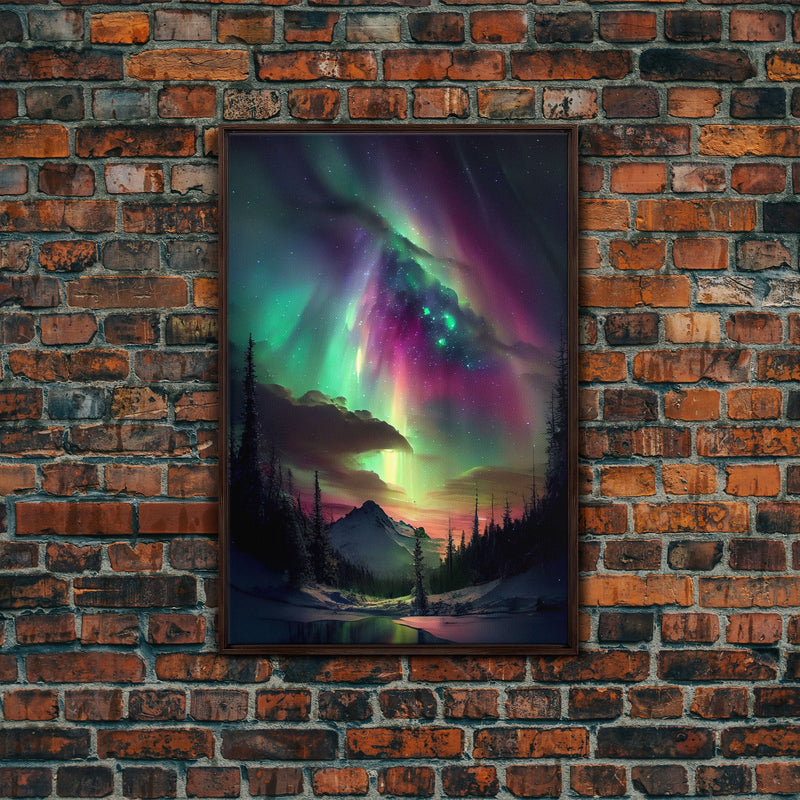 Aurora Borealis, Northern Lights Art, framed canvas print, snow capped mountain landscape art