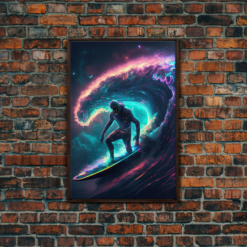 Astronaut surfing the stars, Cosmic Surfer, Galaxy Art, framed canvas print, unique colorful wall art