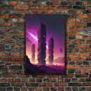 The Monoliths, Scifi art, retro synthwave style alien planet art, framed canvas print