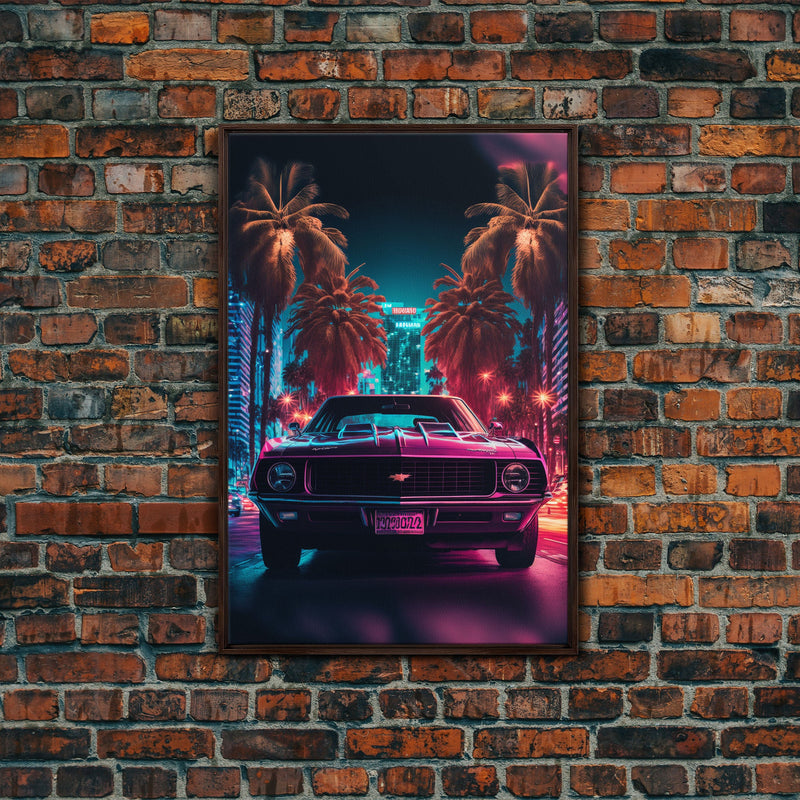 American Muscle Car on Sunset Strip, Retro Synthwave Art, Framed Canvas Print, Gift For Him, Muscle Car Art