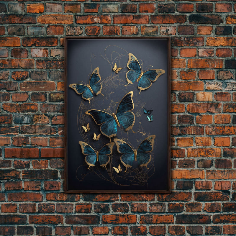 Blue Butterflies Canvas Print Wall Art, Blue and Gold Butterfly Canvas Painting, Butterfly Wall Decor, Home Gift, ready to hang decor