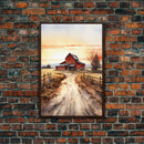 Sunset Over A Red Barn, Watercolor Painting Canvas Print, Country Poster Art,  Framed Canvas, Country Roads, Rustic Farmhouse Decor