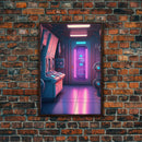 Vaporwave Futuristic Cyberpunk Space Ship Control Room, Framed Canvas Print, Scifi Art