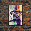 Retro Rotary Phone Art, Watercolor, Framed Canvas Print, Large Wall Art, Retro Style Decor