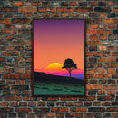 A Lone Tree in a Texas Field At Sunset, Retro Style MCM Art, Framed Canvas Print, Trendy Wall Prints, Landscape and Sunset Outrun Art