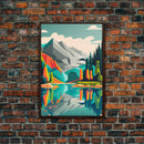 Retro Midcentury Style Wall Art, Framed Canvas Print, Colorful Wall Art, Mountain Landscape, Office Decor, Low Res Art