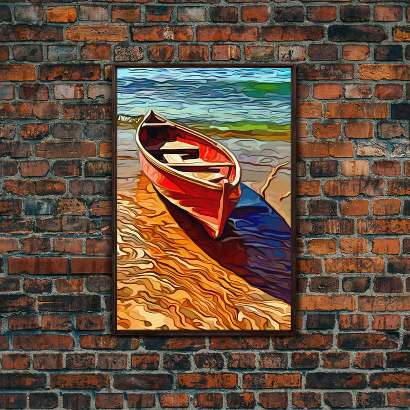 Abandoned Canoe On The Lake, Framed Canvas Print, Oil Painting Style, Abstract Wall Art, Lakehouse Wall Decor, Boho Art