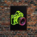 Neon Green Camera Wall Art, Neon Wall Decor, Photography Art,  Minimalist Print, Wall Decor, Canvas Print, Wall Art, Framed Canvas