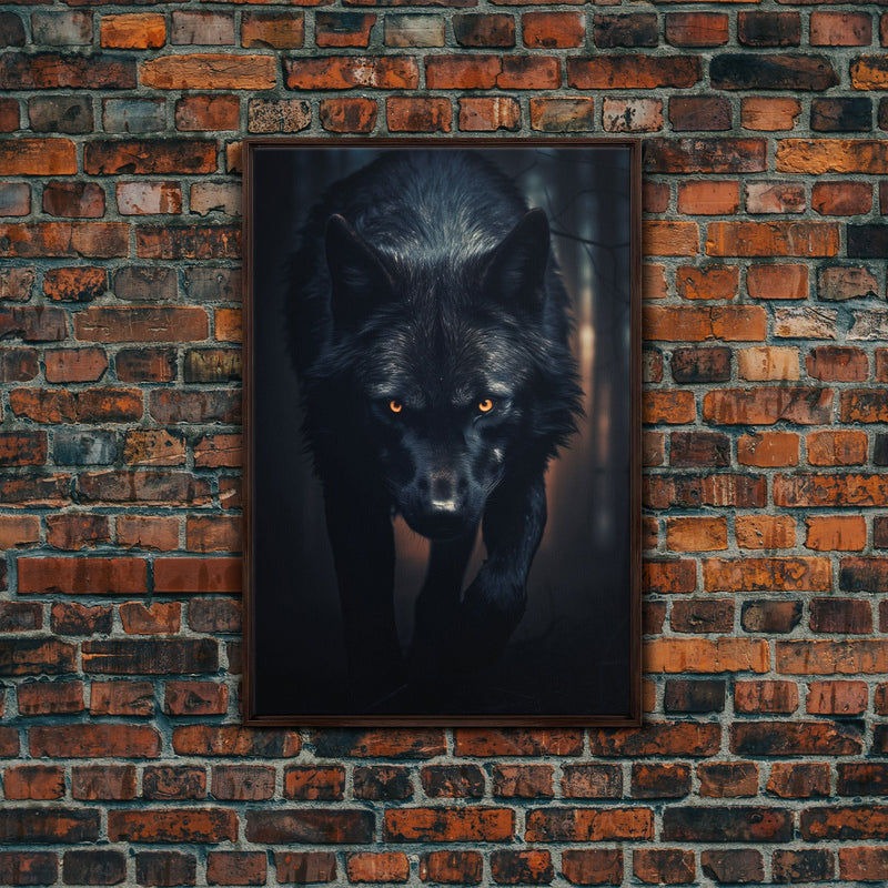 Wolf Print, Black Wolf On The Hunt, Framed Canvas Art