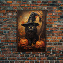 The Witch Cat With Her Jack O Lanterns, Framed Canvas Print, Dark Academia Halloween Art, Victorian Cat Oil Painting, Goth Halloween Decor