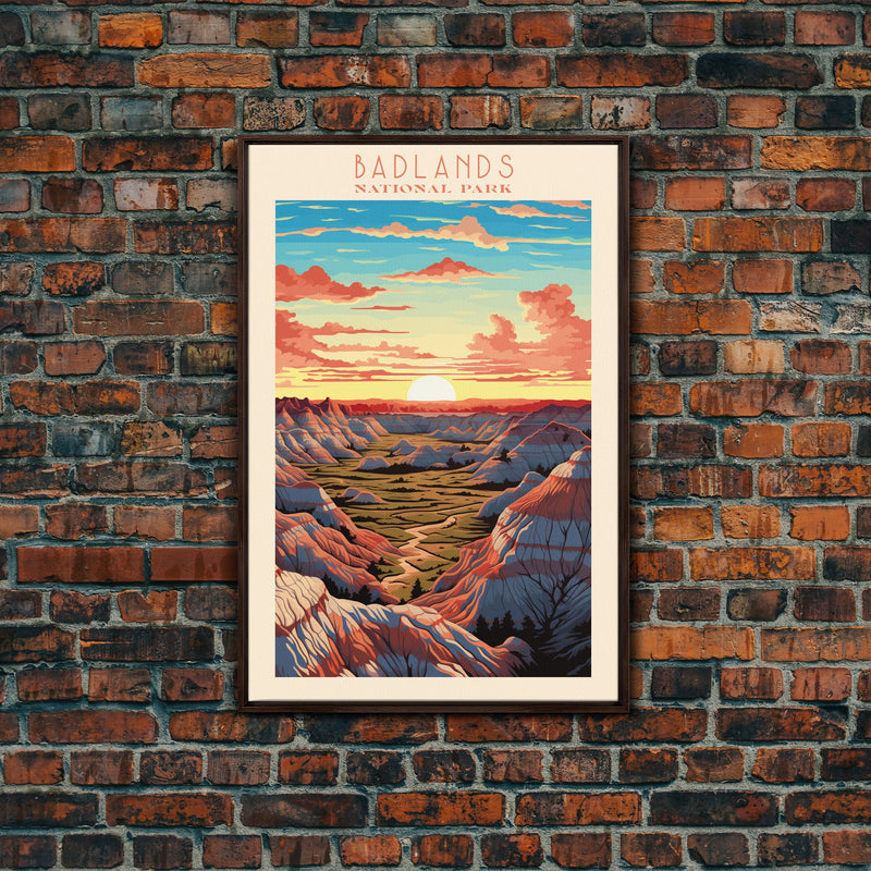 Badlands National Park, Framed Wall Art Canvas Print, Travel Poster, South Dakota Travel Art, Roadtrip Decor, Cool Art, Retro State Park Art