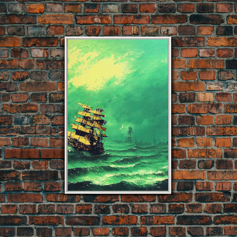 Watercolor of a Pirateship, Ghost Ship Art, Framed Canvas Print, Ready To Hang Framed Wall Art, Living Room Wall Hanging