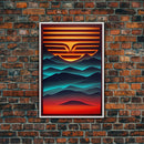 Retro Landscape Mountains Sunrise Sunset Colorful Fine Art Print, Red Blue Yellow Wall Poster