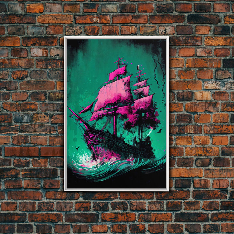 Watercolor of a haunted ghost pirate ship, framed canvas print wall art