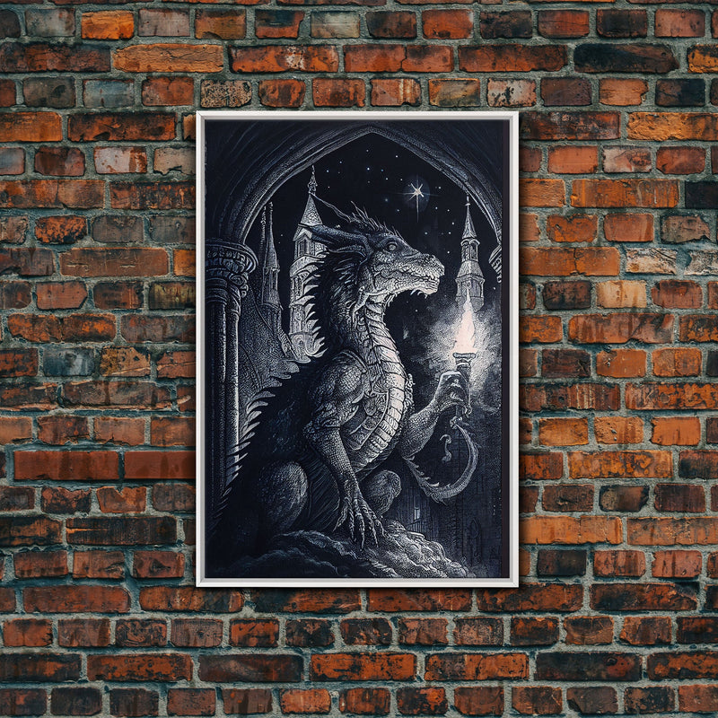 Black and white fantasy dragon, framed canvas print