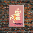 Pastel pirate ship, pink boat, vaporwave pirate ship, framed canvas print, framed wall art