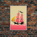Vaporwave sail boat art, pink pirate ship, framed wall art, framed canvas print