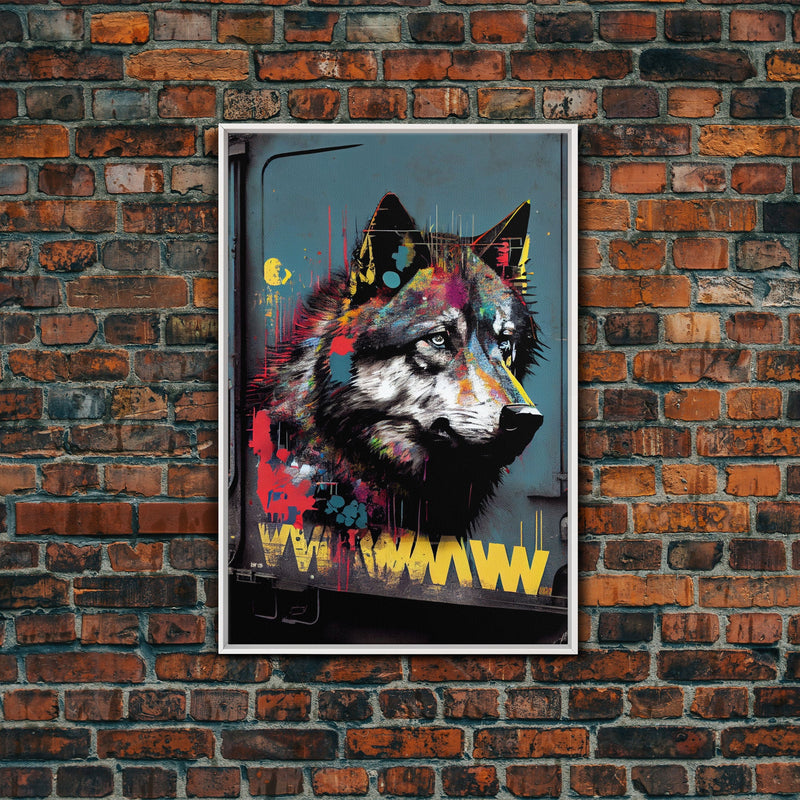 Wolf graffiti on a subway train car, framed canvas print, framed wall art