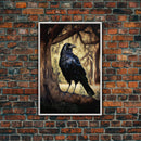 The raven, cool crow art, raven in a forest portrait, fine art poster print