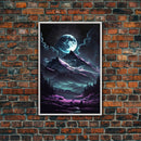 Mythical mountains fantasy art, framed canvas print, full moon over a mystical mountain landscape