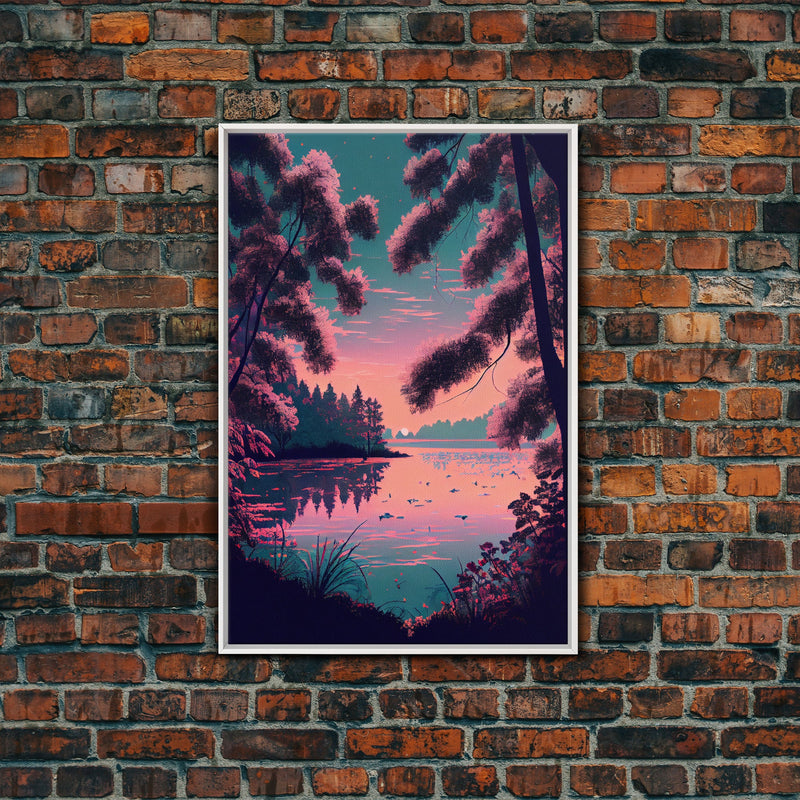 Beautiful Sunset over the lake, My Secret Spot, framed canvas print, Pinkwave retro style landscape art