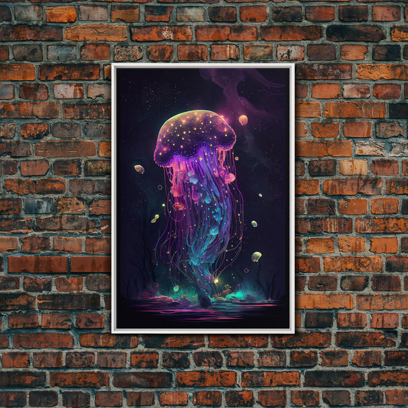 Bioluminescent Cosmic Jellyfish against a Starry night sky, JellyFish Art, Framed Canvas Print, synthwave style art