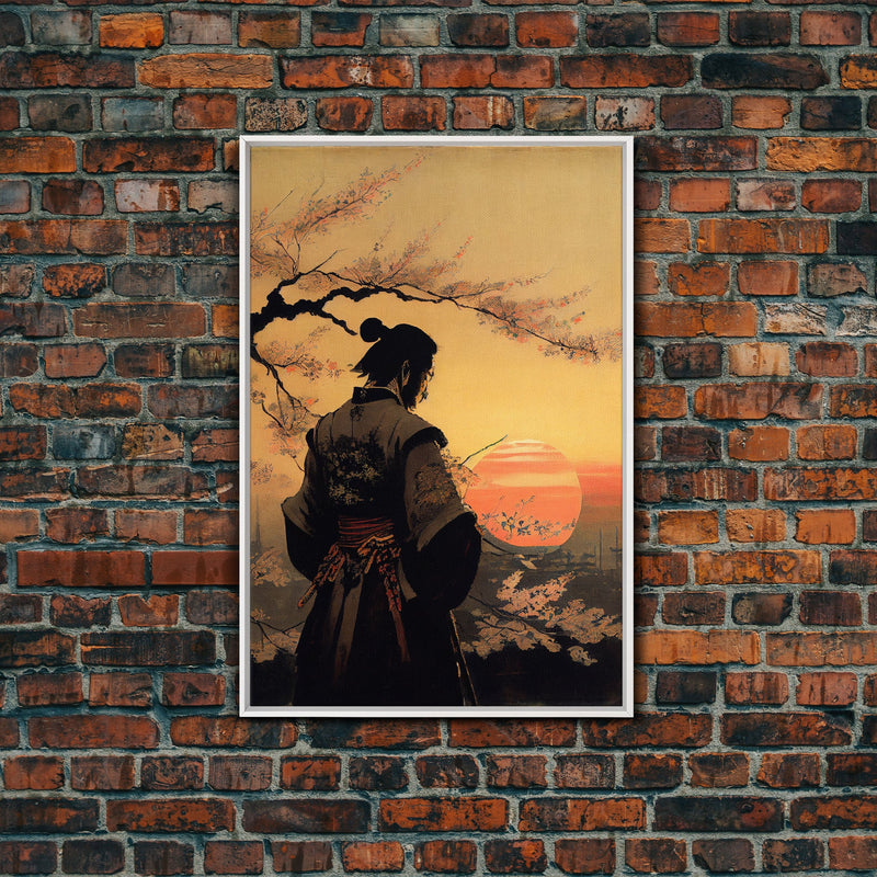 Watercolor of a Samurai observing a sunset, Framed Canvas Print, unique wall art