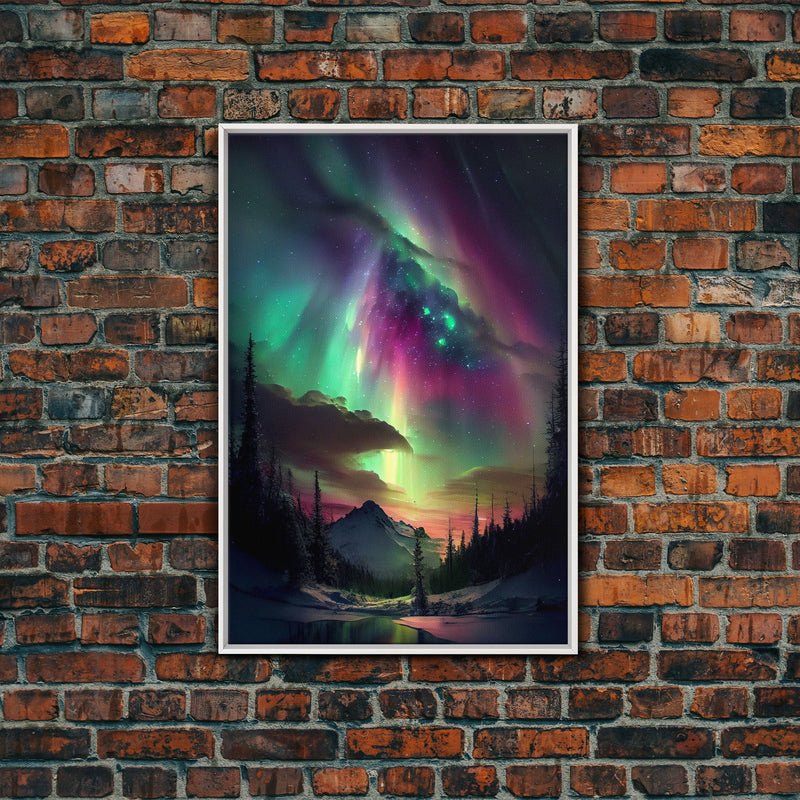 Aurora Borealis, Northern Lights Art, framed canvas print, snow capped mountain landscape art