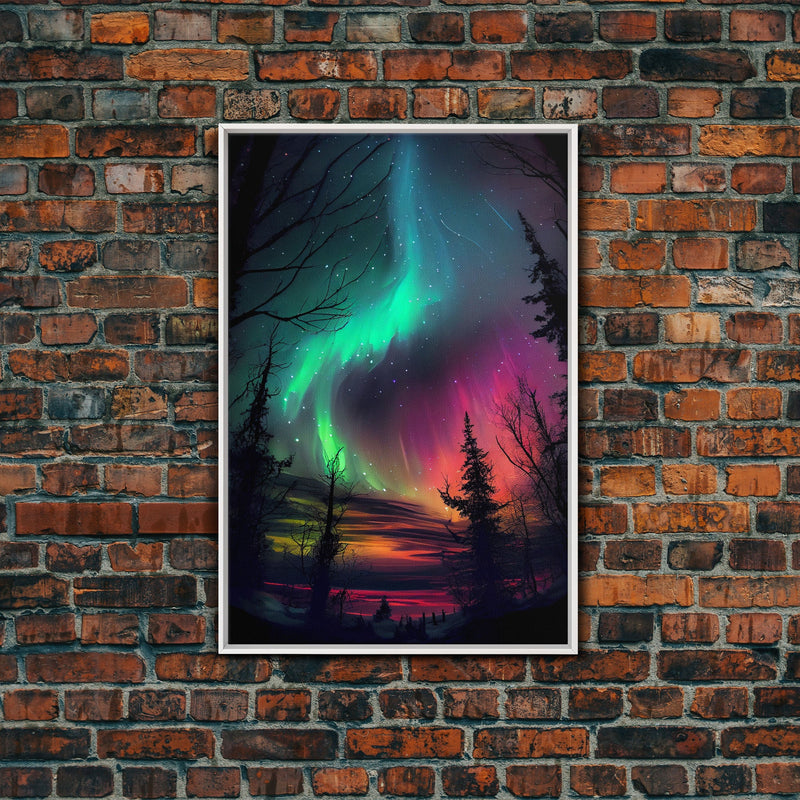 Aurora Borealis, Northern Lights Art, framed canvas print, snow capped mountain landscape art