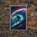 Astronaut surfing the stars, Cosmic Surfer, Galaxy Art, framed canvas print, unique colorful wall art
