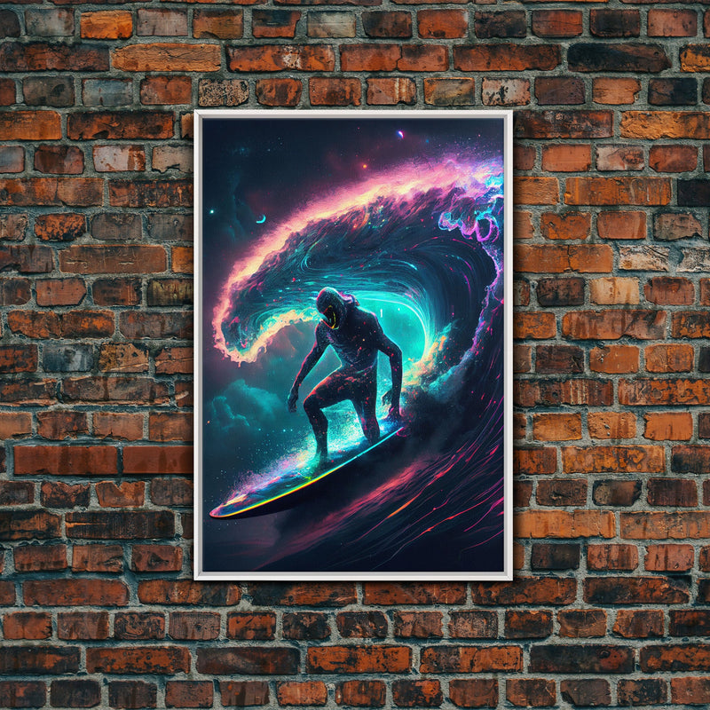 Astronaut surfing the stars, Cosmic Surfer, Galaxy Art, framed canvas print, unique colorful wall art