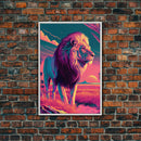 Retro style pastel art, watercolor painting of a lion, framed canvas print, vaporwave aesthetic animal print