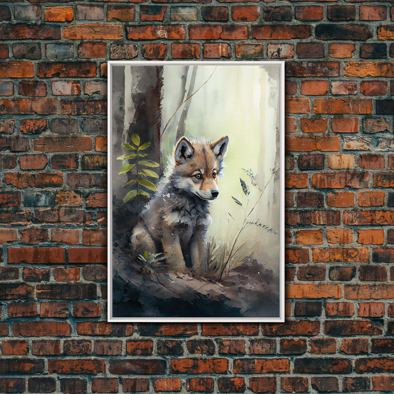 Watercolor of a wolf pup, framed canvas print