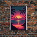 8 bit pixel art sunset, synthwave style palm tree beach, framed canvas print, framed wall art painting