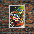 Pop Art Moto Racer, Motorcycle Art, WPAP Style, Framed Canvas Print, Graffiti style motorcycle art, dirt bike racer art