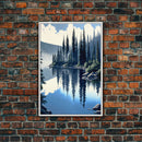 Washington State Pine Tree Forest and Lake Reflection, Framed Canvas print, watercolor painting print, unique living room wall art