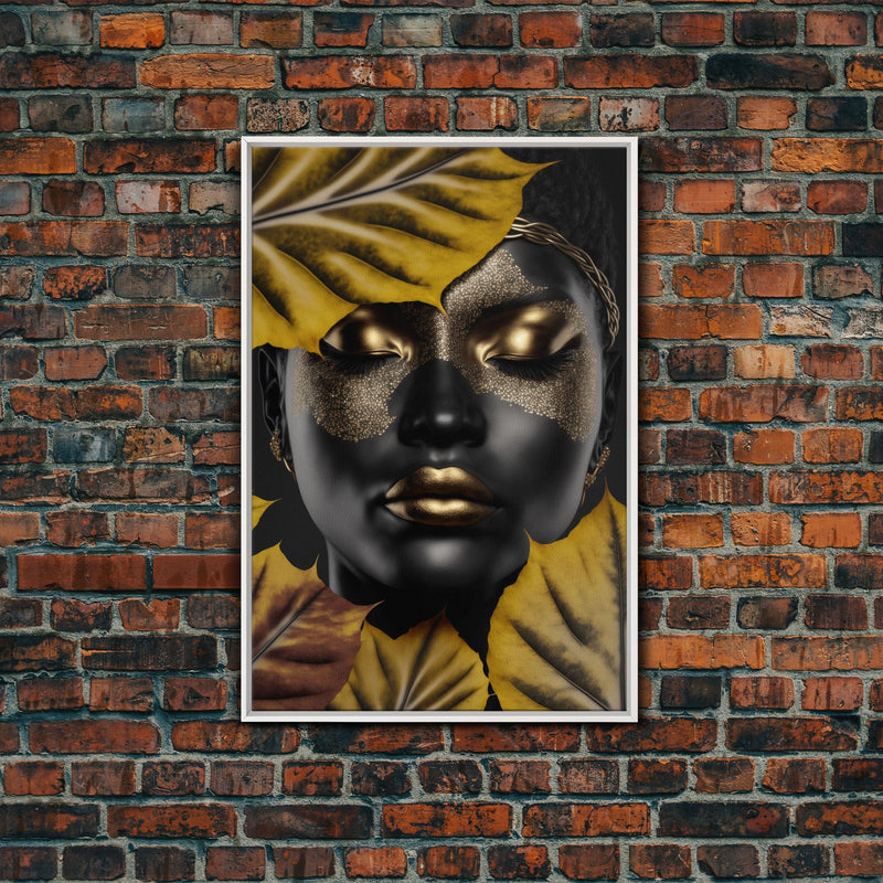 Beautiful Woman Art Framed Canvas Print Black Gold Woman Wall Art Lady Print, Gold Face Leaves Palm decor ready to hang Ethnic girl portrait