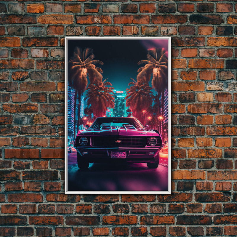 American Muscle Car on Sunset Strip, Retro Synthwave Art, Framed Canvas Print, Gift For Him, Muscle Car Art