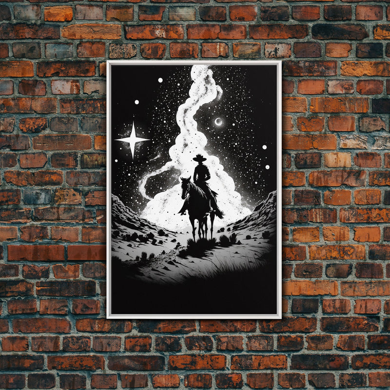 Western Decor, Black and White Cowboy Art, Framed Canvas Print