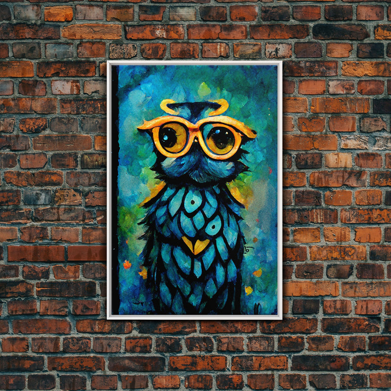 Wise Owl With Glasses Canvas Art - Owl Painting - Owl Wall Decor