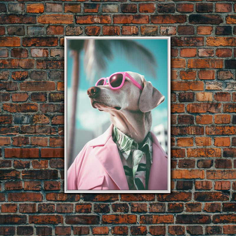 Weimaraner Wall Print, Dog Wall Art, Dog Sunglasses, Pink Suit, Funny Wall Art, Framed Wall Art, Framed Canvas, Wall Print, Wall Canvas