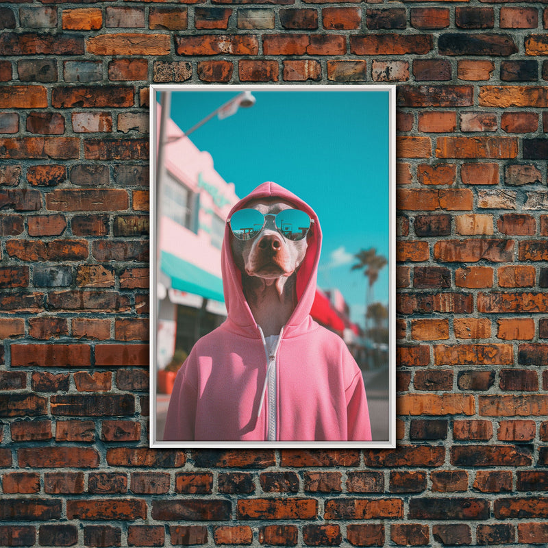 Whippet In Pink Hoodie Sunglasses Wall Print, Dog Art, Dog Portrait, Dog Art Print, Framed Wall Art, Framed Canvas, Wall Print, Wall Canvas